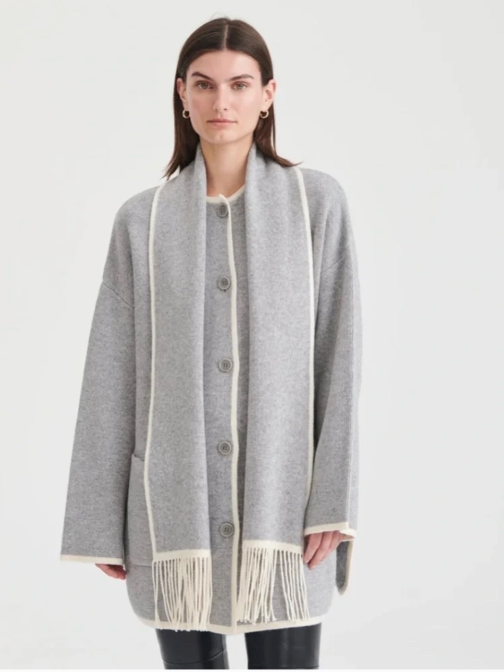 Naadam Cashmino Contrast Stitch Sweater Jacket w/ Detachable Scarf